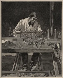 El arte del torno: modelado de una columna torso. Grabado de 1885 en “Les arts et metiers illustres” por Adolphe BITARD.