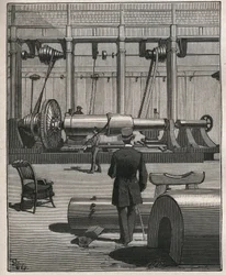 El arte del torno: disparo de un cañón monstruo de acero. Grabado de 1885 en “Les arts et metiers illustres” por Adolphe BITARD.