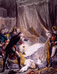El asesinato de Pablo I Petrovich (1754-1801), zar ruso, en su habitación del palacio de San Miguel después de ser obligado a firmar su abdicación. Grabado hacia 1801. Colección privada
