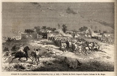 El ataque a Sansandig por el ejército del Rey Ahmadou (Toucouleur), donde se refugiaron los Bambara. Grabado para ilustrar el viaje al Sudán Occidental del Teniente (Marina) M.Mage, en 1863-1866, publicado en “Le tour du monde, nouveau journal des voyages”
