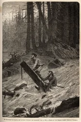 El autor y su viajero, Mcdonald, descendiendo los rápidos en el río Nittinaht (Isla de Vancouver) en una balsa improvisada. Grabado para ilustrar el viaje y aventuras en la Colombia Inglesa, Isla de Vancouver y Alaska, por Frederick Whymper