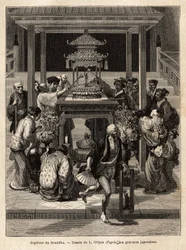 El bautismo del Buda, una fiesta anual que tiene lugar el 8º día del 4º mes, los devotos riegan la estatua de bronce del Buda expuesta para la ocasión frente a los templos. Grabado para ilustrar el viaje a Japón, por Aime Humbert, ministro de la Confederac