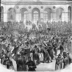 La cesta de los agentes de cambio, en la Bolsa de París en 1865. Grabado después del dibujo de M.G. Roux