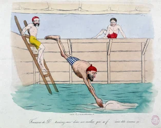 El baño: caricatura de baños públicos (piscinas) en París - siglo XIX, Carnavalet