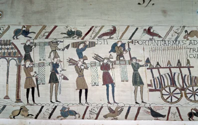 La batalla entre los infantes ingleses (tropas de Harold) y los normandos a caballo (tropas de Guillermo) - Tapiz de Bayeux, conocido como Bordado de la Reina Matilde