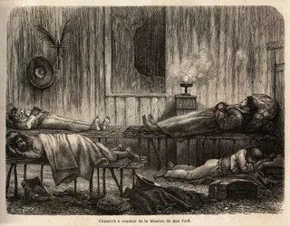 El dormitorio de la misión cristiana de San José (Perú), que acoge al autor durante su viaje. Grabado para ilustrar el viaje del Océano Pacífico al Océano Atlántico, a través de América del Sur, en 1848-1860 por Paul Marcoy, en “Le tour du monde”