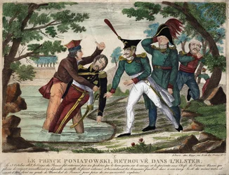 El cuerpo del Príncipe José (Jozef) Antoni Poniatowski (1763) encontrado en el río Elster el 23 de octubre de 1813, grabado de la época
