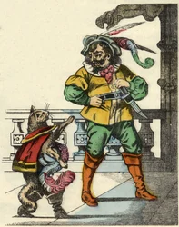 El gato con botas se encuentra con el ogro. Ilustración del cuento “El gato con botas” de Charles Perrault.