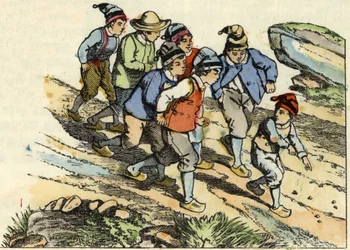 Los hermanos siguen al Pequeño Pulgarcito que sembró guijarros blancos en el camino. Ilustración del cuento “Le Petit Poucet” de Charles Perrault.