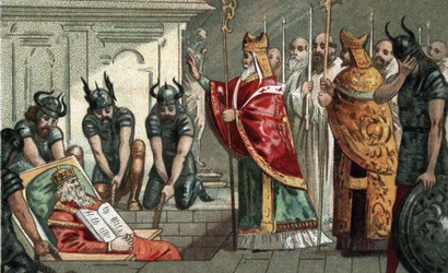 El entierro de Carlomagno en 814 en la catedral de Aquisgrán en Alemania. Cromolitografía de finales del siglo XIX.
