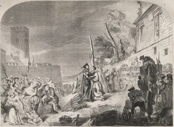 La quema de los obispos Nicholas Ridley y Hugh Latimer en la hoguera cerca de las puertas del Balliol College, Oxford, Inglaterra.