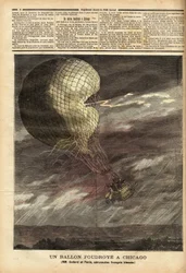 El globo cautivo de los franceses Messrs Godard y Panis, víctima de un accidente causado por la tormenta el 7 de julio, en el terreno de la Exposición Mundial en Chicago, en pleno vuelo, el globo fue golpeado y golpeado, hiriendo gravemente a los dos aeron
