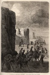 La caravana de los Hajis (peregrinos musulmanes) en Korantaghi (Persia, Irán). Dibujo de Emile Bayard (1837-1891), para ilustrar el viaje a Asia Central, en 1863, de Arminius Vambery (científico húngaro disfrazado de derviche). Grabado en 