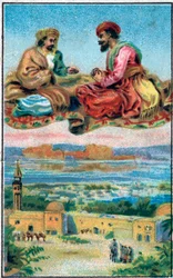 La alfombra de los deleites. Historia del Príncipe Ahmed y el hada Paris-Banou (Pari Banou) (Paribanu). Cuento de 1001 noches (cuentos de las mil y una noches). Cromolitografía de finales del siglo XIX.