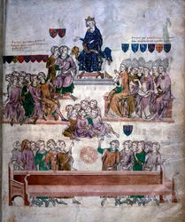 El caso de Roberto III de Artois (1287-1342) en presencia del rey Felipe VI de Valois (1293-1350) hacia 1329, que le llevó a la pérdida de su condado y al exilio. Miniatura de un manuscrito del siglo XIV. B.N. París