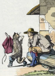El gato pide ropa y botas a su amo y promete ser rico pronto. Ilustración del cuento de Charles Perrault "El gato con botas"