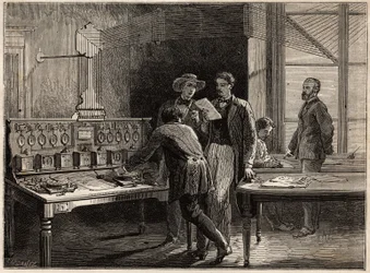 La estación central de telégrafos en la fábrica de Creusot. Grabado para ilustrar un viaje a Creusot y las minas de Saona y Loira, en 1865, por L. Simonin, en “Le tour du monde, nouveau journal des voyages” publicado bajo la dirección de Edouard Charton