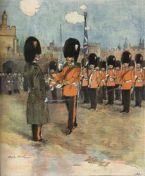 El cambio de guardia en el Palacio de Buckingham en Londres en 1893. Ilustración de M.C. Morel. Colección Bianchetti.