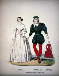 Los personajes de Gilda, Rigoletto y Giovanna en el Acto III de la ópera "Rigoletto" por el compositor italiano Giuseppe Verdi (1813-1901)