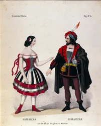 Los personajes de Maddalena y Sparafucile en el Acto III de la ópera "Rigoletto" por el compositor Giuseppe Verdi (1813-1901)
