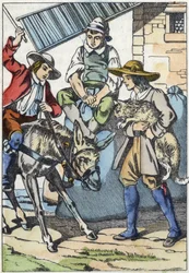 Los hijos del molinero, que acaba de morir, comparten su propiedad: burro, molino y gato. Ilustración del cuento "El gato con botas" de Charles Perrault
