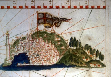 La ciudad de Génova en un portulano del siglo XIV.