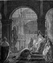El conflicto entre Federico Barbarroja y el Papa Alejandro III (1105-1181). Humillación del emperador Barbarroja en el Palacio Ducal de Venecia en 1177. Federico Barbarroja rinde homenaje público al Papa Alejandro III