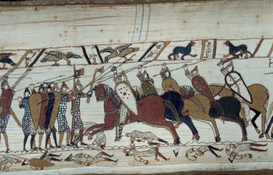La conquista de Inglaterra por el Duque de Normandía Guillermo el Conquistador (1027-1087) en 1066: escena de la batalla de Hastings oponiendo la infantería normanda a la caballería sajona (detalle) del tapiz de Bayeux o Bordado de la Reina Matilde