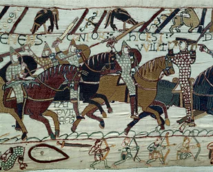La conquista de Inglaterra por el ejército del Duque de Normandía Guillermo el Conquistador (1027-1087): El Duque Guillermo es reconocido por sus soldados al levantar su casco durante la batalla de Hastings (detalle)