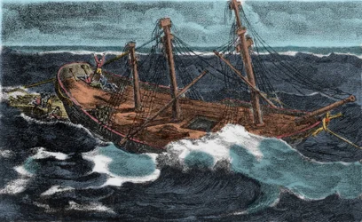 La construcción de la balsa de la fragata “Meduse”, naufragada el 02/07/1816 en el banco de Arguin, cerca de la costa de Mauritania. Grabado del siglo XIX