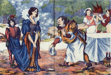 El cocinero responde a la princesa que prepara el banquete de bodas de Riquet. Ilustración anónima para “Riquet con la houppe”, cuento de Charles Perrault (1628-1703), escritor francés. Imaginario Marcel Vagne, Jarville Nancy, sin fecha (finales del siglo 