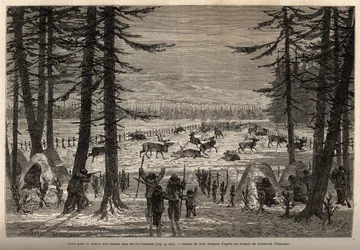 El coral para la caza de renos en el Co-Yukon (co-Yukon o co-Youkouk) (tribu india del extremo norte de Canadá). Grabado para ilustrar el viaje y aventuras en la Colombia Inglesa, Isla de Vancouver y Alaska, por Frederick Whymper