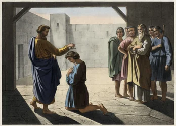 La coronación de David: Samuel designa a David como rey de Israel. Grabado anónimo del siglo XIX