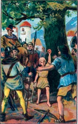 La ballesta. Guillermo Tell (héroe legendario de la independencia suiza). Cromolitografía de finales del siglo XIX.