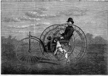 El cinófero: velocípedo impulsado por perros. Invención de finales del siglo XIX. Grabado en "El Universo Ilustrado" del 6 de mayo de 1876