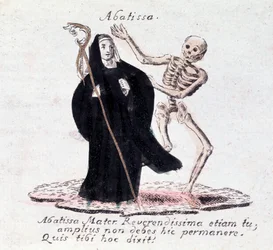 La danza de la muerte, la abadesa y un esqueleto