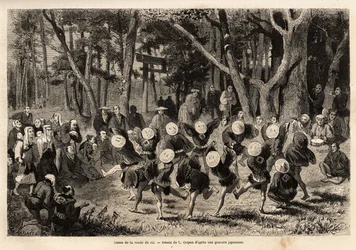 La danza del arroz en el décimo mes del año, relacionada con los cultivos de cereales. Grabado para ilustrar el viaje a Japón, por Aime Humbert, ministro de la Confederación Suiza, en 1863-1864, publicado en 
