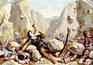 La muerte del caballero Roldán, sobrino de Carlomagno, en la Batalla de Roncesvalles, 778. Cromolitografía alrededor de 1900
