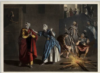 La negación de San Pedro: como Cristo había predicho, San Pedro niega a Cristo tres veces mientras el gallo anuncia el día. Grabado anónimo de mediados del siglo XIX.