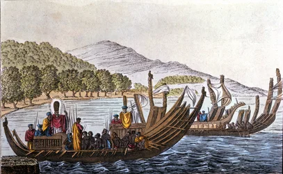 El departamento de polinesios para el Pacífico a bordo de canoas de doble casco. Litografía de principios del siglo XIX