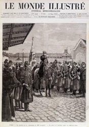 La partida de la Compañía del 200º Regimiento. Saludo a la bandera en la Gare de Lyon. "El Mundo Ilustrado". 23/03/1895. Dibujo.