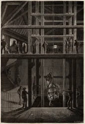 El descenso de un caballo en las minas de Creusot, utilizado en túneles subterráneos para el transporte de carros de carbón. Grabado para ilustrar un viaje a Creusot y las minas de Saona y Loira, en 1865, por L. Simonin, en “Le tour du monde, nouveau journ