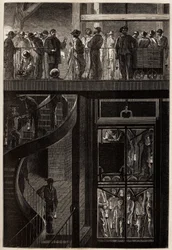 El descenso de mineros (hombres, mujeres y niños) a través de la jaula del ascensor a las galerías subterráneas de las minas de carbón de Creusot. Grabado para ilustrar un viaje a Creusot y las minas de Saona y Loira, en 1865, por L. Simonin, en “Le tour d