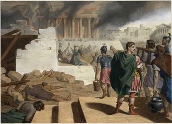 La destrucción del templo y la ciudad de Jerusalén en el año 70 por el emperador romano Tito. Grabado anónimo de mediados del siglo XIX