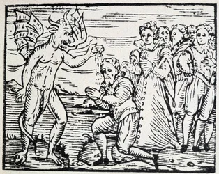 El diablo bautizando a hombres y mujeres en oración - grabado