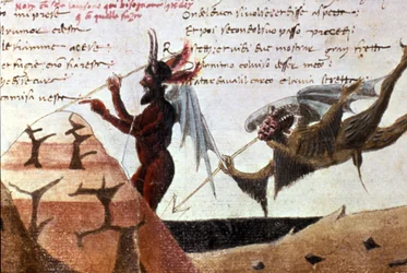 Los demonios en un círculo del infierno según una edición manuscrita de la Divina Comedia de Dante Alighieri del siglo XIV. Bibl.Trivulziana Milán.