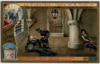 El acto IV escena 4 del desastre. Ilustración para la ópera “Il trovatore” de Giuseppe Verdi (1813-1901). Cromolitografía (Cromo) Liebig de finales del siglo XIX.