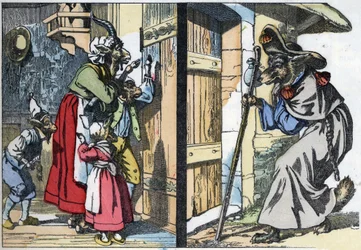 El lobo disfrazado llama a la puerta de la casa con la cabra y los cabritillos. Ilustración del cuento "Compere le Loup, Maitre Renard, Comere la Chevre et ses petits biquets" después de una fábula de Jean de la Fontaine. En "Cuentos del hogar para los peq
