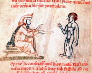 El doctor quema al paciente en áreas dolorosas con hierros calientes Miniatura del manuscrito "De Medicina cauteriorum secundum Brunum, Rugerium et Rolthe" siglo XIII