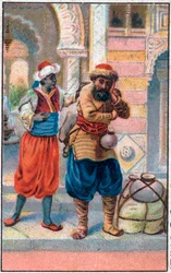 La puerta faix. Las maravillosas aventuras de Simbad (Sindbad) el marinero. Cuento popular de 1001 noches (mil y una noches). Cromolitografía de finales del siglo XIX.